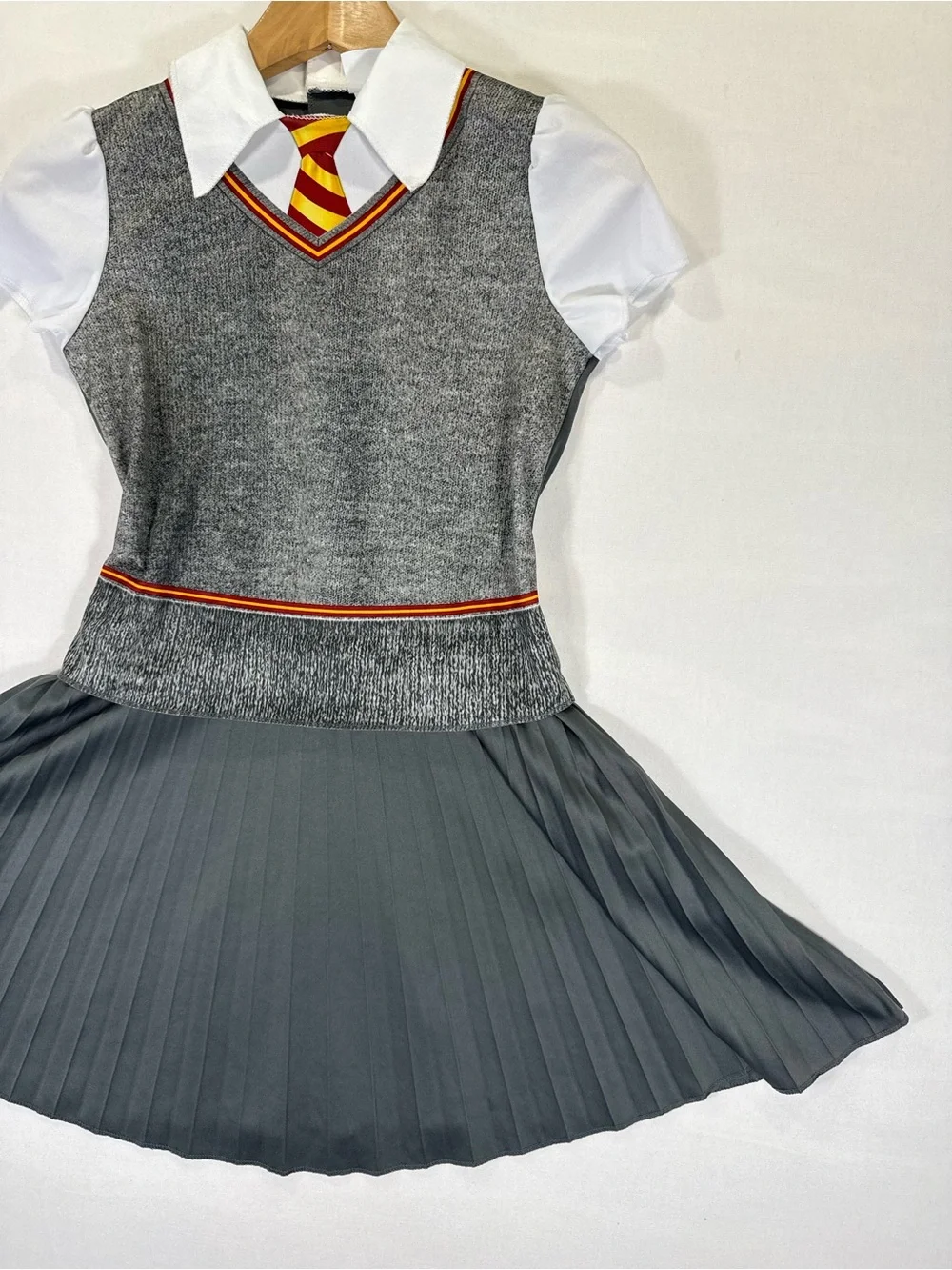 Grey School-Inspired Pleated Costume Dress with Red & Yellow Tie - Kids